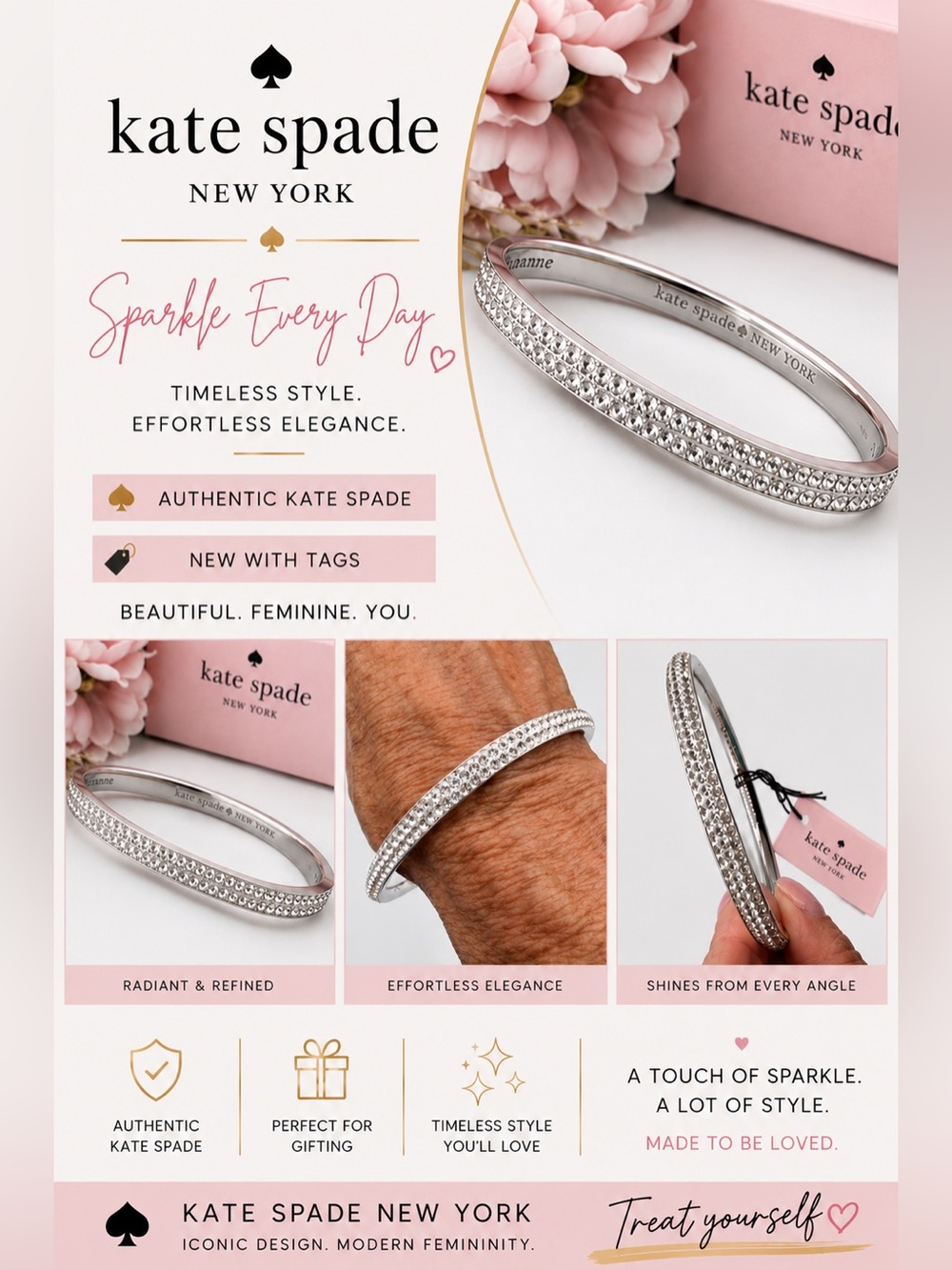 Kate Spade NWT Silver Pave Crystal-Accented Bangle Bracelet - Silver